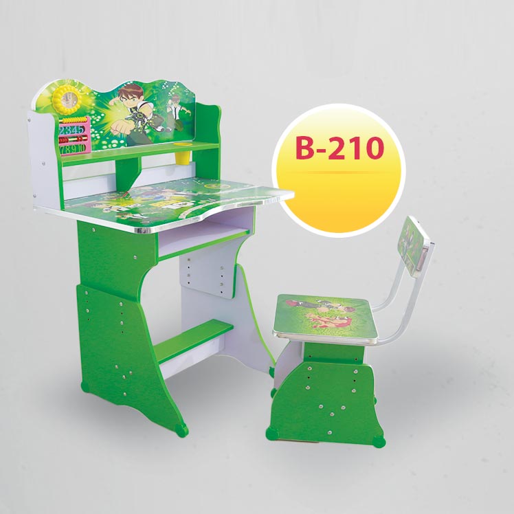 طاولة اطفال مدرسي قاعدة خشب+ كرسي صور بن تن مع الساعة لون أخضر B-210